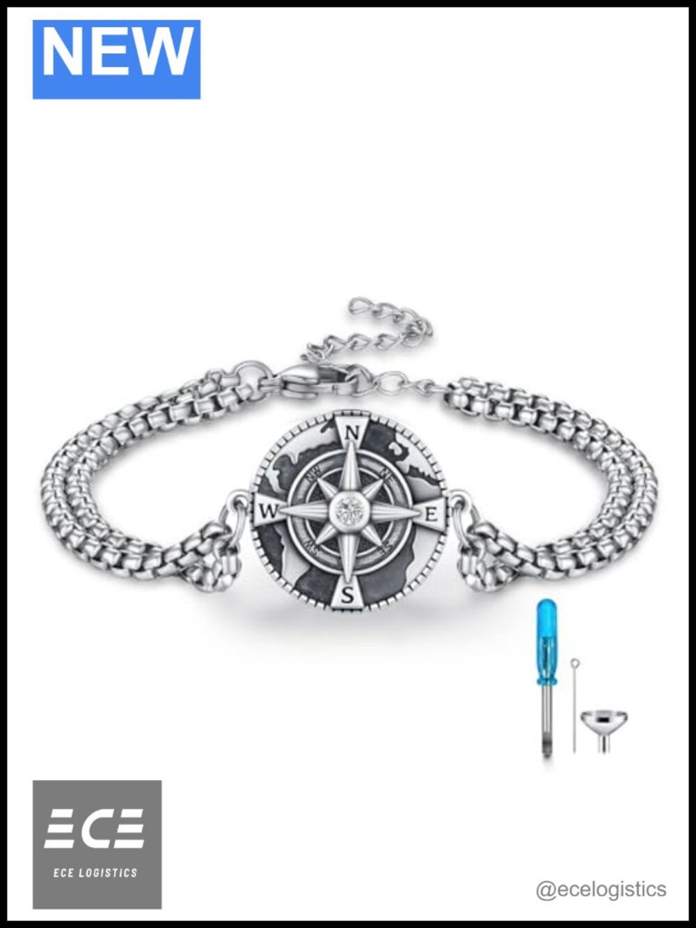 Compass Urn Bracelet for Ashes Sterling Silver Stainless Steel Memorial